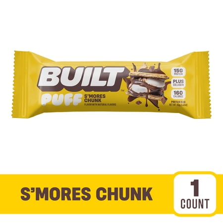 BUILT Puff Protein Bar, S'mores Chunk, 15g Protein, Collagen, 160 Calories, Single 1.52 oz Bar