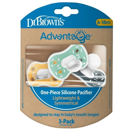 Dr. Brown's Advantage One-Piece Silicone Baby Pacifier, Fully Symmetrical, Gray/Green/Yellow, 6-18M, 3 Pack