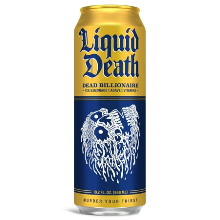 Liquid Death, Dead Billionaire Iced Tea, 19.2 Oz King Sized Can, Half Lemonade Half Black Tea, Low Calorie, No Artificial Sweeteners, B12 & B6 Vitamins