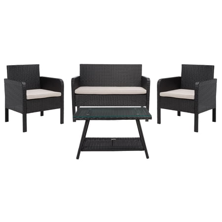 SAFAVIEH Aboka Outdoor Patio 4Pc Conversation Set, Black/Light Grey