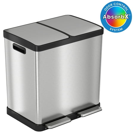 iTouchless SoftStep 16 Gallon Step Trash Can & Recycle Bin with Activated Carbon Filter Deodorizers, Stainless Steel, 2 x 8 Gallon (30L) Removable Color-Coded Buckets, Soft Close and Airtight Seal
