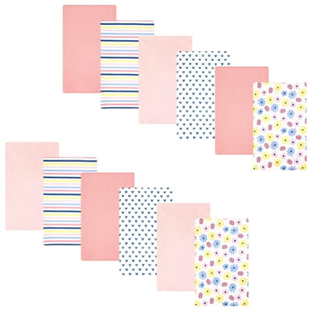 Hudson Baby Infant Girls Cotton Flannel Burp Cloths 12-Pack Bundle, Flowers And Strawberries, One Size
