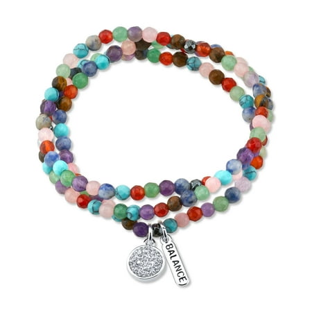 Believe by Brilliance Genuine Multi Color Agate Triple Wrap Bracelet with Crystal Charms