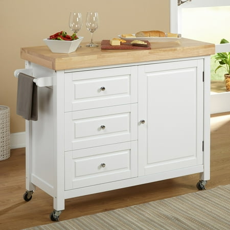 Buylateral Monterey Kitchen Cart White: Rubberwood Serving Cart with Towel Bar &#38; Locking Wheels