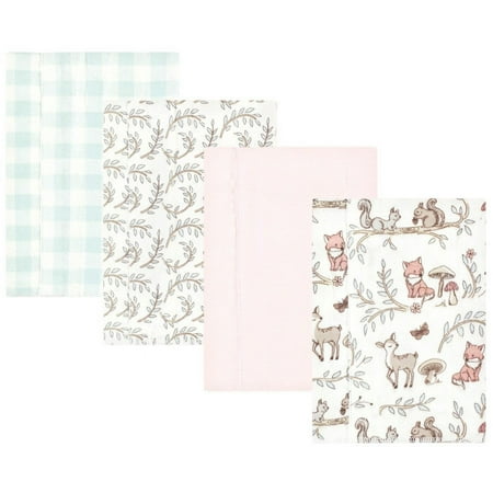 Hudson Baby Infant Girl Cotton Flannel Burp Cloths, Girl Woodland Pals 4-Pack, One Size
