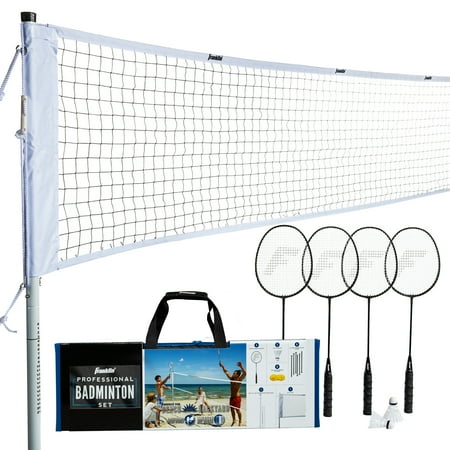 Franklin Sports Badminton Net Professional Set - 4 Aluminum Rackets, 2 Birdies, Adjustable Net and Stakes - Backyard or Beach Badminton Set - Easy Setup