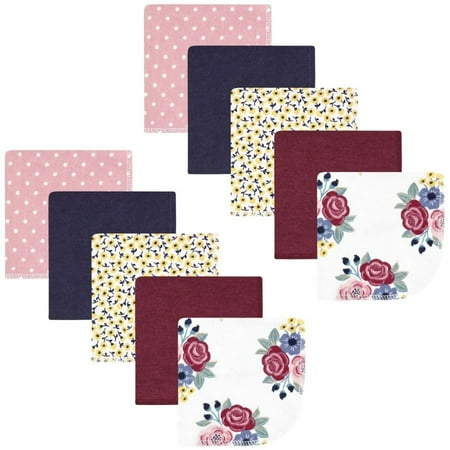 Hudson Baby Infant Girl Flannel Washcloths, Blush Navy Floral 10Pk, One Size