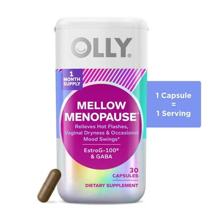 OLLY Mellow Menopause™ Supplements, Vegan Capsules, EstroG-100®, GABA, 1 Capsule per Serving, 30 Ct