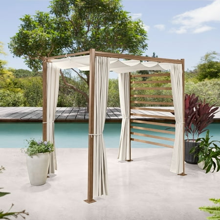 Better Homes & Gardens Marlow Pergola Retreat Outdoor Living Privacy Shade Features - 1-Piece Galvanized Powder-Coated Metal Outdoor Daybed with Retractable Pergola Shade and Curtains, Creme