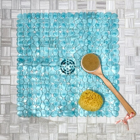 iDESIGN Pebblz Suction Non Slip Square Bath Mat for Shower Bathtub Stall Blue