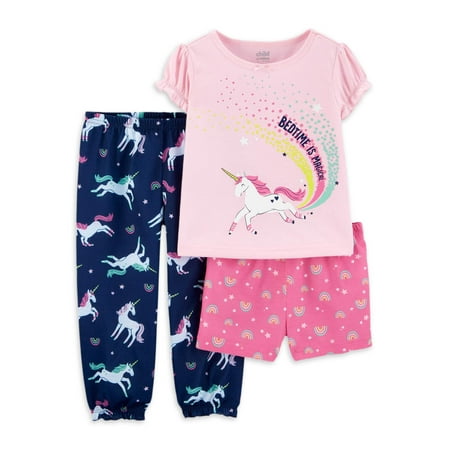 Carters Child of Mine Toddler Girl Short Sleeve Poly Pajamas, 3pc Set