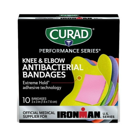 CURAD Performance Series IRONMAN Antibacterial Bandages, Elbow/Knee, 3" X 3", 10Ct
