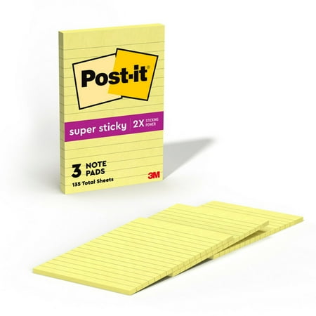 Post-it Super Sticky Notes, Lined, 4 in x 6 in, Canary Yellow, 4 Pads