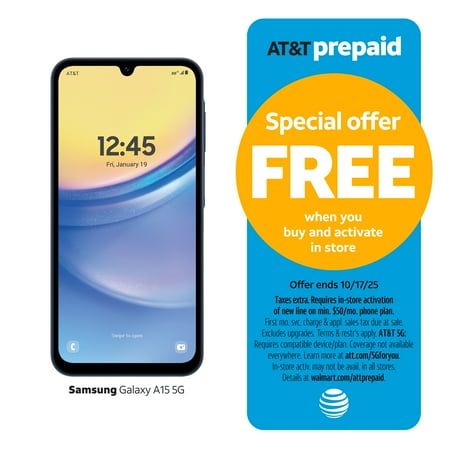 AT&T Samsung Galaxy A15 5G, 64GB, Blue Black - Prepaid Smartphone