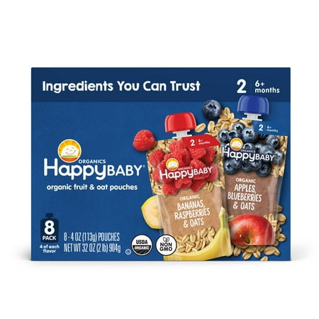 Happy Baby Organics Clearly Crafted, Stage 2, Oats & Fruits Variety Pack, Organic Baby Food, Pouches 4oz (8 pack)
