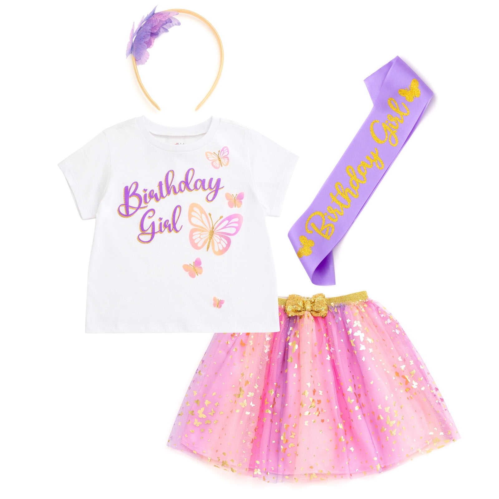 imagikids Butterfly Birthday Girl Outfit - Shirt, Tutu Skirt, Headband, & Satin Sash 4 Piece Clothing Set Toddler to Big Kid Sizes