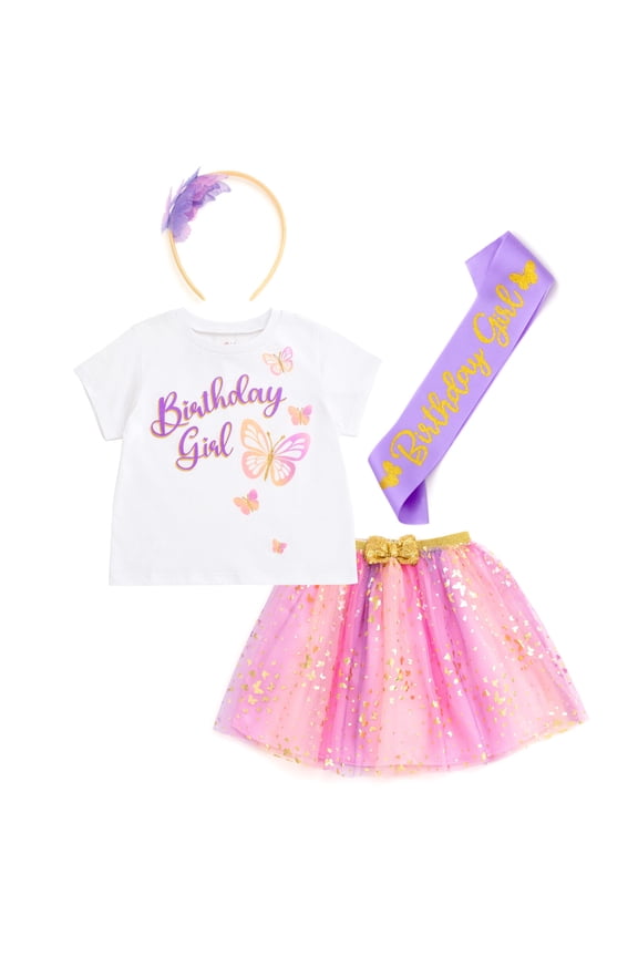 Butterfly Birthday Girl Outfit - Shirt, Tutu Skirt, Headband, & Satin Sash 4 Piece Clothing Set Toddler to Big Kid Sizes