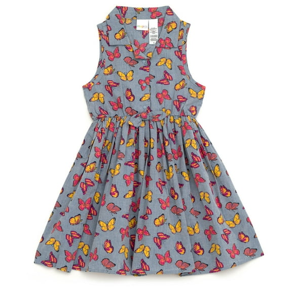 imagikids Butterfly Girls Button Down Chambray Dress Toddler to Big Kid Sizes