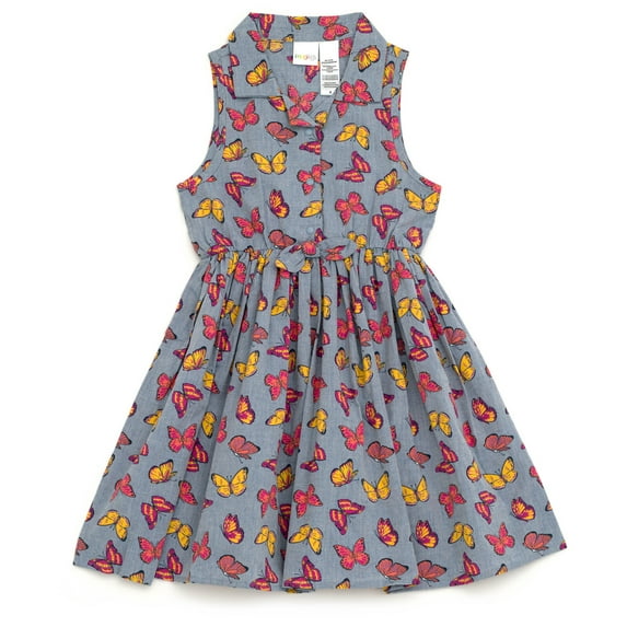 imagikids Butterfly Girls Button Down Chambray Dress Toddler to Big Kid Sizes