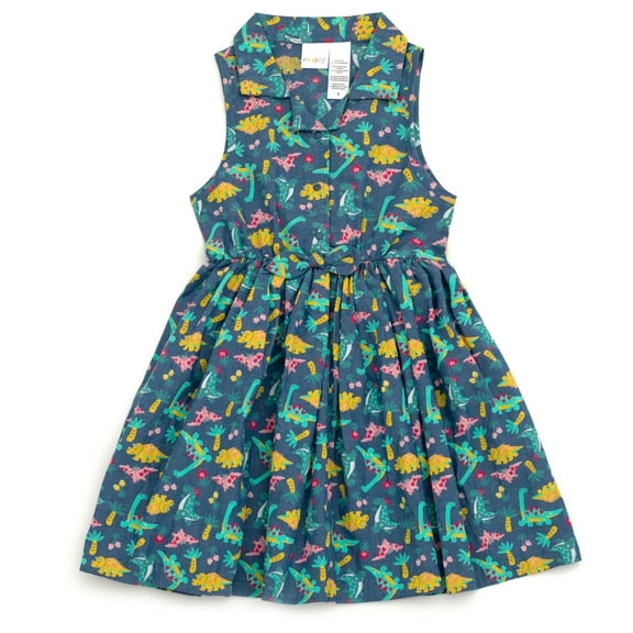 imagikids Dinosaur Girls Button Down Chambray Dress Toddler to Big Kid Sizes