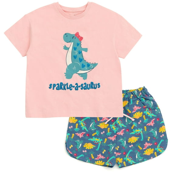 imagikids Dinosaur Girls Drop Shoulder T-Shirt and Chambray Shorts Outfit Set Toddler to Big Kid Sizes