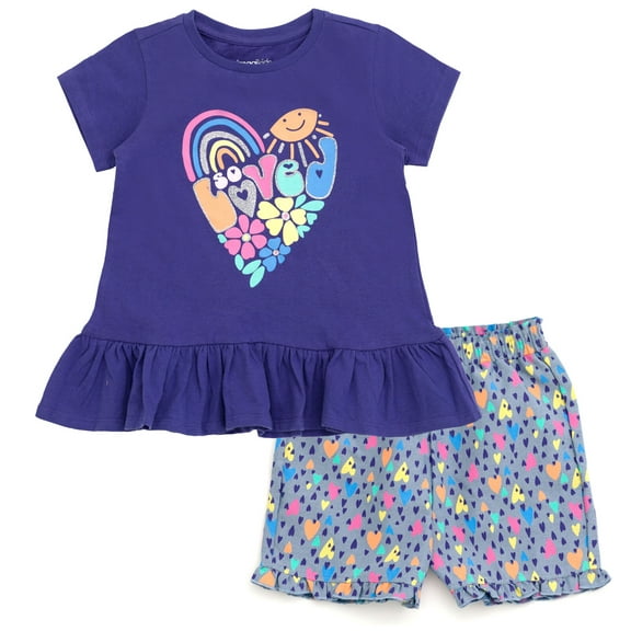 imagikids Hearts Girls Peplum T-Shirt and Chambray Shorts Outfit Set Toddler to Big Kid Sizes