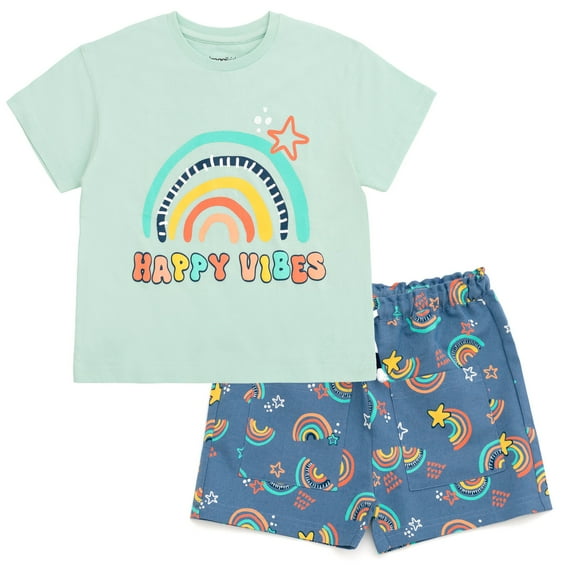 imagikids Rainbow Girls Drop Shoulder T-Shirt and Chambray Shorts Outfit Set Toddler to Big Kid Sizes