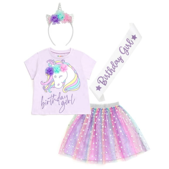 imagikids Rainbow Unicorn Birthday Girl Outfit - Shirt, Tutu Skirt, Headband, & Satin Sash 4 Piece Clothing Set Toddler to Big Kid Sizes