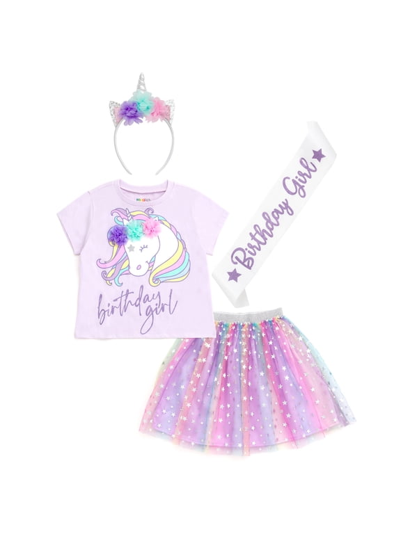 Rainbow Unicorn Birthday Girl Outfit - Shirt, Tutu Skirt, Headband, & Satin Sash 4 Piece Clothing Set Toddler to Big Kid Sizes