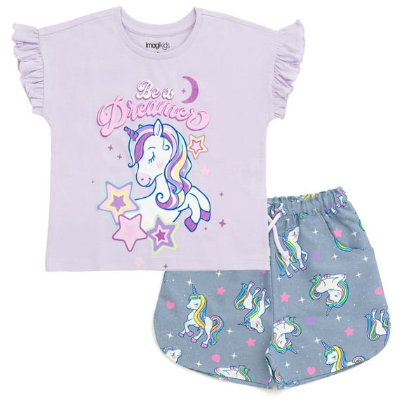 imagikids Unicorn Girls Ruffle T-Shirt and Chambray Shorts Outfit Set Toddler to Big Kid Sizes