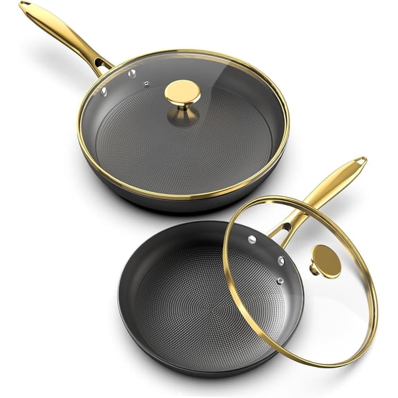 Imarku Professional Cast Iron Skillets with Lid, 2Pcs - 10&12 Inch Nonstick Frying Eggs Pan, Honeycomb Locking Oil, Dishwasher Safe, Free-PFOA