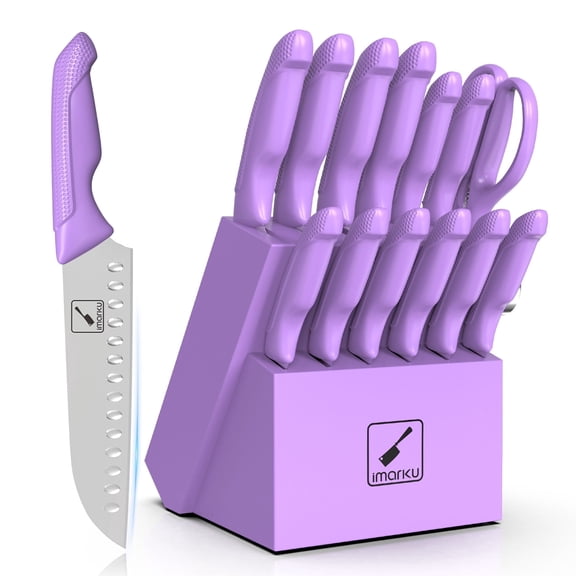 imarku 14-Piece Stainless Steel Kitchen Knife Block Set with Built-in Sharpener and Non-Slip Handles,Best Holiday Gifts,Purple,Fathers Day Gifts