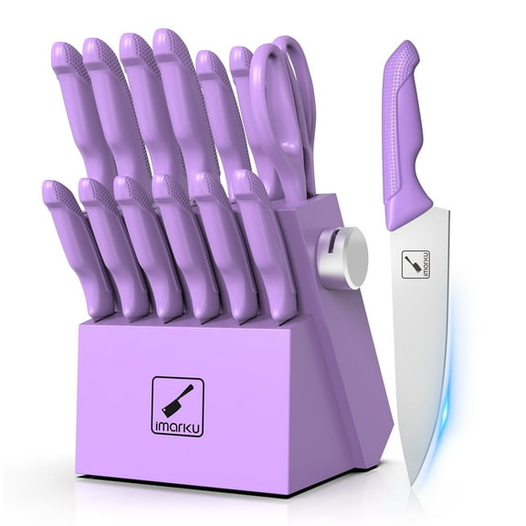 imarku Kitchen Knife Set, Sharp Knife Set with Built-in Sharpener, Stainless Steel Knife Set with Block and Non-Slip Ergonomic Handle, Dishwasher Safe, 14 PCS Professional Knife Set for Gift, Purple