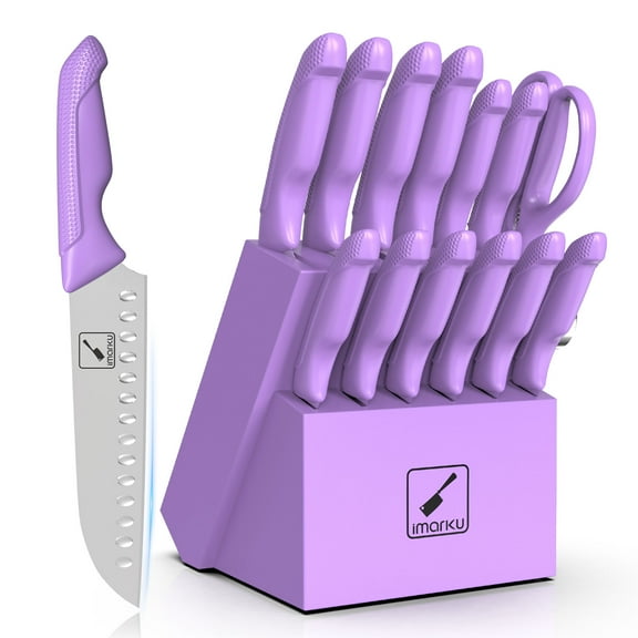 imarku 14-Piece Stainless Steel Kitchen Knife Block Set with Built-in Sharpener and Non-Slip Handles,Best Holiday Gifts,Purple