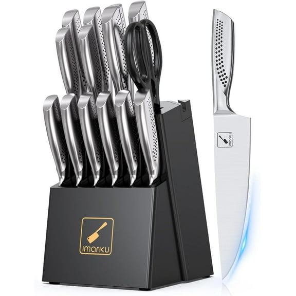 imarku Knife Set,15 PCS Kitchen Knife Set With Block, Premium HC Stainless Steel Knife Block Set With Built-in Sharpener, Kitchen Knives With Ergonomic Handle, Mothers Day Gifts, Blac