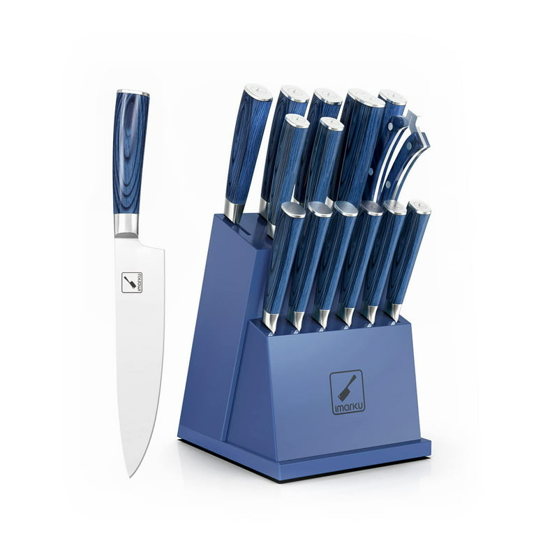 imarku  Knife Set 16-Piece Kitchen Knife Set with Block German Stainless  Steel Knife Sets for Kitchen with Sharpener & 6 Steak Knife Set - Blue 