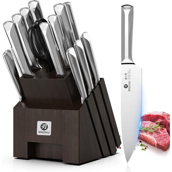 imarku Knife Set, 16Pcs Japanese Knife Set with Block & Built-in Sharpener, High Carbon Stainless Steel Kitchen Knives, Non-Slip Ergonomic Handle, Dishwasher Safe, Home Essentials Perfect for Gifts