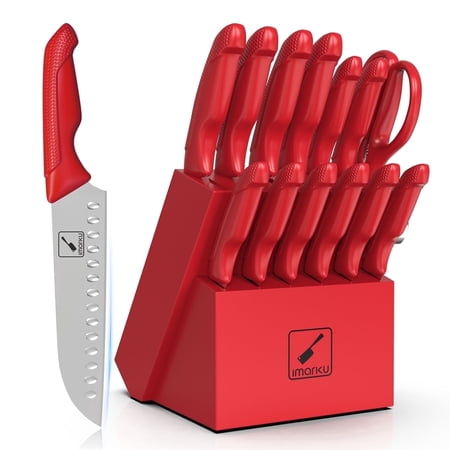 imarku 14-Piece Stainless Steel Kitchen Knife Block Set with Ergonomic Handles,Best Holiday Gifts,Red,Fathers Day Gifts