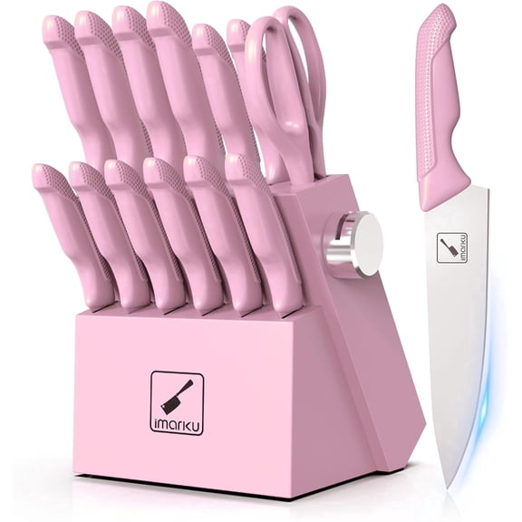 imarku Knife Set with Block, Sharp Knife Set with Built-in Sharpener, Japanese Stainless Steel Kitchen Knife Set with Non-Slip Ergonomic Handle, Dishwasher Safe, 14 PCS, Pink,Kitchen Essentials