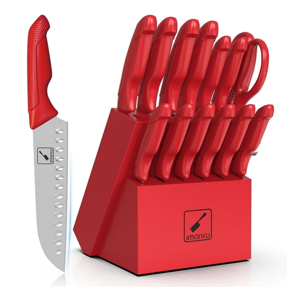 imarku 14-Piece Stainless Steel Kitchen Knife Block Set with Ergonomic Handles,Best Holiday Gifts,Red