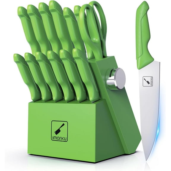 imarku Knife Set with Block, Sharp Knife Set with Built-in Sharpener, Japanese Stainless Steel Kitchen Knife Set with Non-Slip Ergonomic Handle, Dishwasher Safe, Best Holiday Gifts, 14 PCS, Green