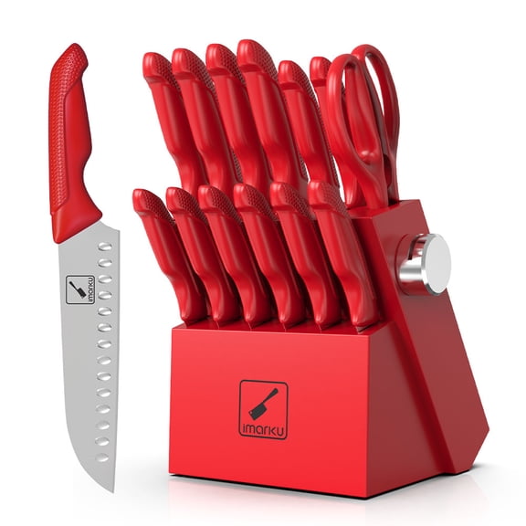 imarku Knife Set with Block, Sharp Knife Set with Built-in Sharpener, Japanese Stainless Steel Kitchen Knife Set with Non-Slip Ergonomic Handle, Dishwasher Safe, Best Holiday Gifts, 14pcs, Red