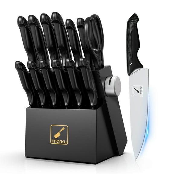 imarku Knife Set with Block, Sharp Knife Set with Built-in Sharpener, Stainless Steel Kitchen Knife Set with Non-Slip Ergonomic Handle, Dishwasher Safe, 14 PCS Professional Knife Set for Gift, Black