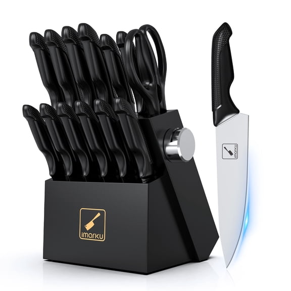 imarku Knife Set with Block, Sharp Knife Set with Built-in Sharpener, Stainless Steel Kitchen Knife Set with Non-Slip Ergonomic Handle, Dishwasher Safe, 14 PCS , Black.Fathers Day Gifts
