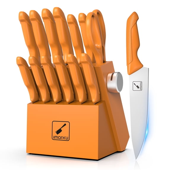 imarku Knife Set, Sharp Block Knife Set with Built-in Sharpener, Japanese Stainless Steel with Non-Slip Ergonomic Handle, Dishwasher Safe, Kitchen Gifts for Man Woman Burnt Orange