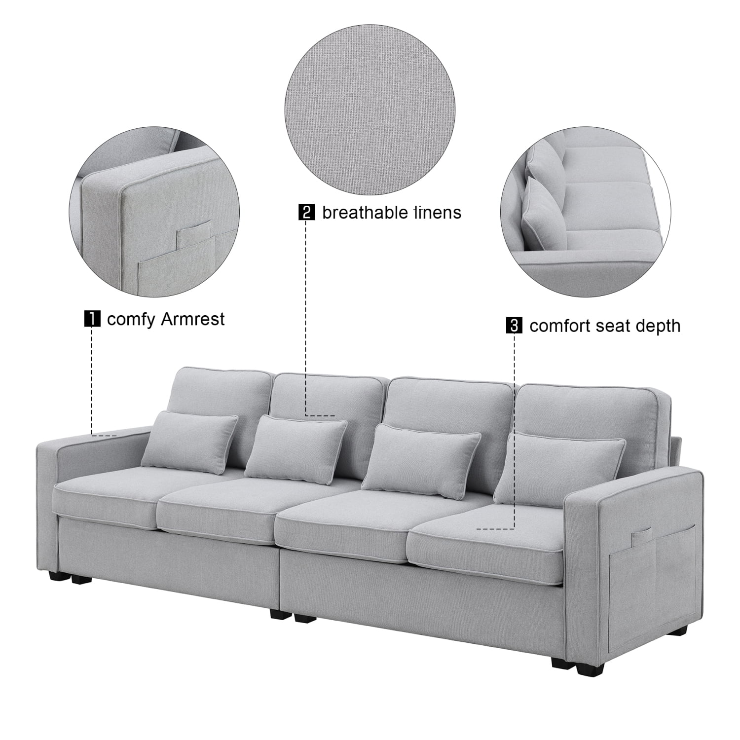 imerelez 104" 4-Seater Modern Linen Fabric Sofa with Armrest Pockets ...