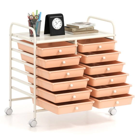 imerelez 12-Drawer Rolling Storage Cart - 2-Row 10-Storey, Multicolor Drawers, 4 Wheels (2 Brake), White Frame-Peach