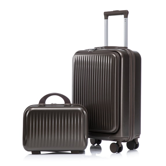 imerelez 14"/20" 2 pcs/set in ABS Spinner Wheel Luggage, with Combination Lock and Front Opening Design, 14" Cosmetic Case (Brown)