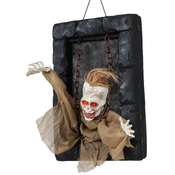 imerelez 18"x12.5" Sound-Activated Halloween Zombie Prisoner Decor - Glowing Red Eyes, Creepy Sounds & Movements, Hanging Strap for Easy Display