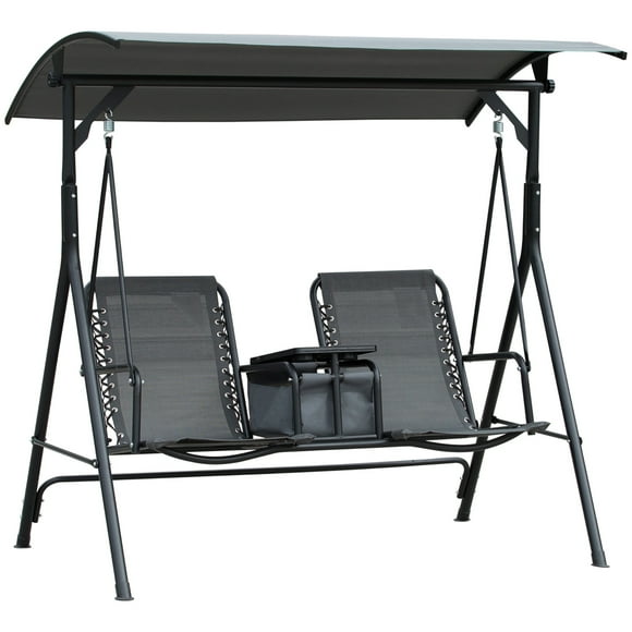 imerelez 2-Seat Patio Swing Chair, Outdoor Canopy Swing Glider with Pivot Storage Table, Cup Holder, Adjustable Shade, Bungie Seat Suspension and Weather Resistant Steel Frame, Grey